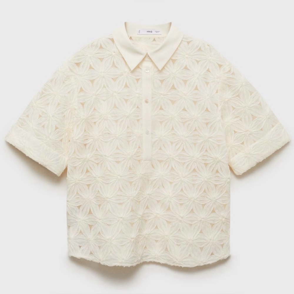 Mango Ivory Cream Floral Lace Short-Sleeve Polo Blouse NWT Size Small